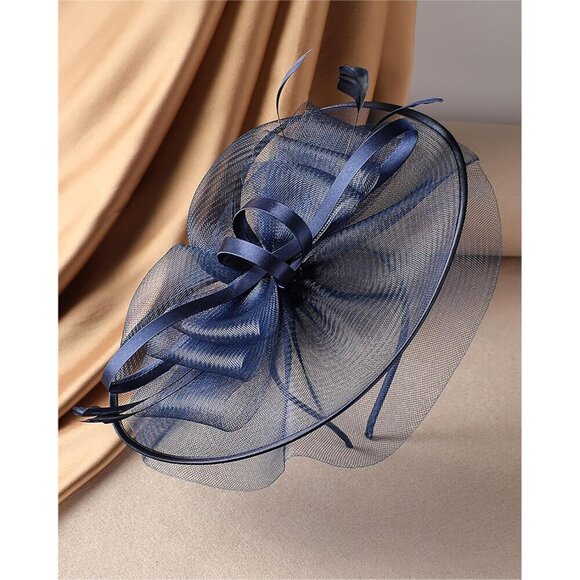 Women Bow Derby Hat Polyester Navy Blue Elegant Fashion Event Accessory
